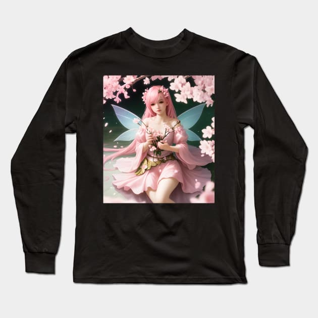 Beautiful Pink Sakura Flower Japanese Manga Girl Cherry Blossom Fairy Long Sleeve T-Shirt by Tina